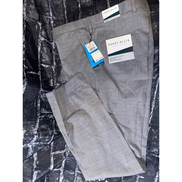 Perry Ellis Men's Slim Fit Stretch Non Iron Dress Pants, Grey Plaid, 36x32, NWT - Picture 1 of 4